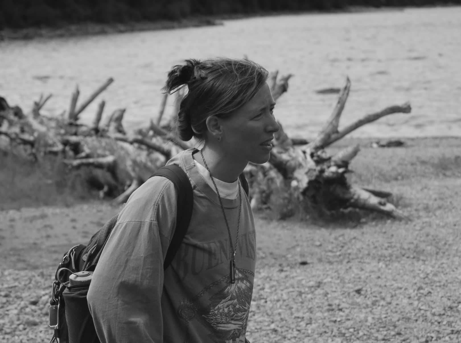 Jen Messing at Glacier - black and white